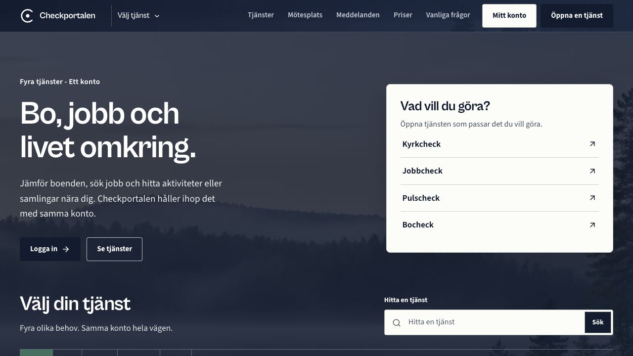 Checkportalens startsida med tjänster för boende, jobb och aktiviteter.